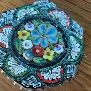 Vintage Antique Brooch Micro Mosaic Glass Pin Floral Flower Hexagon Brass Italy